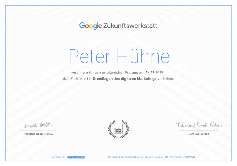 smyle Webdesign-Erfahrungen mit Google Zukunftswerkstatt-Blog-Zertifikat Peter Hühne
